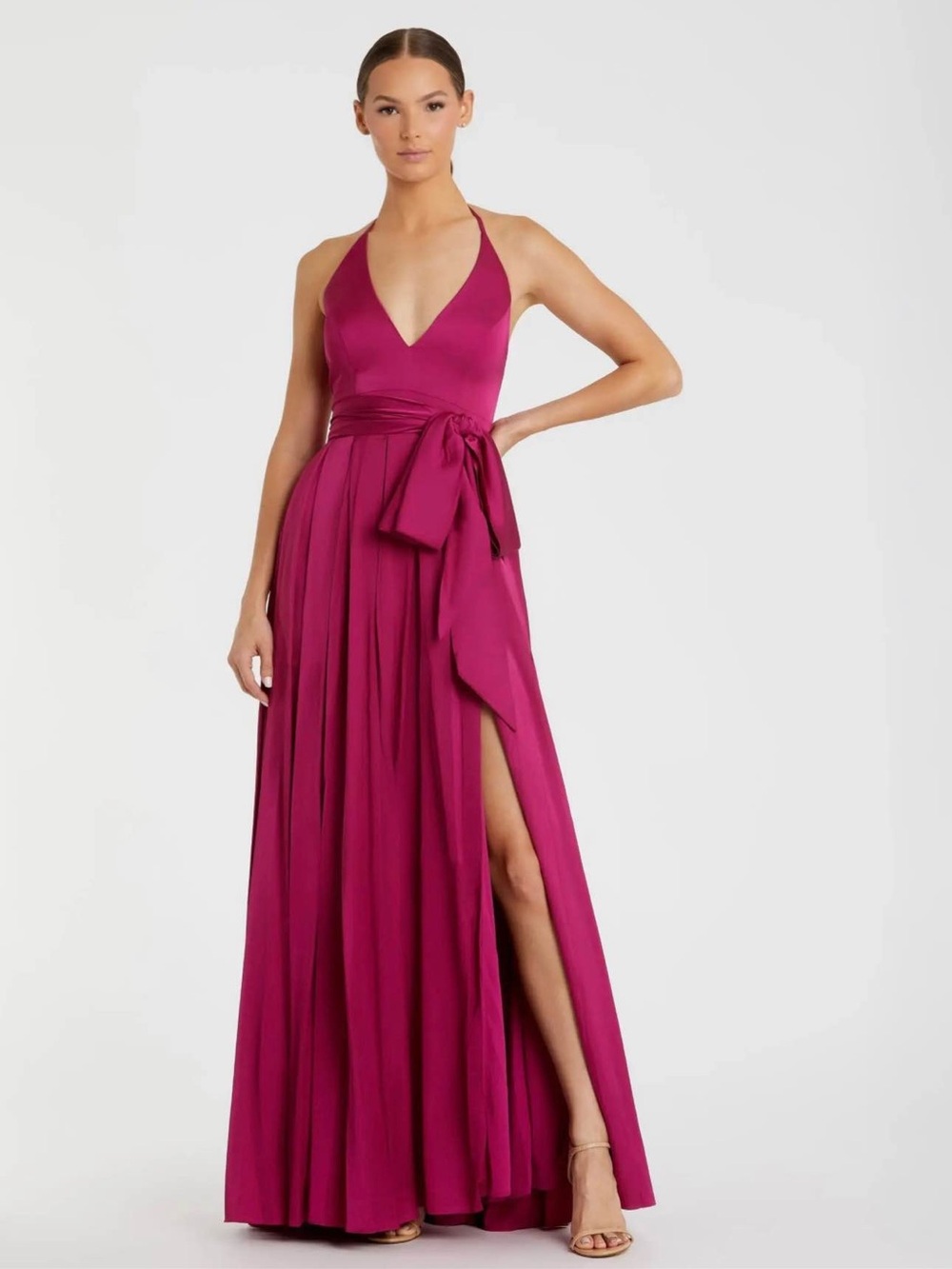 Mac Duggal Fuchsia Halter V-Neck Maxi Dress with Waist Sash